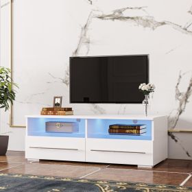 White TV cabinet has two drawers with dual end color-changing LED light strip