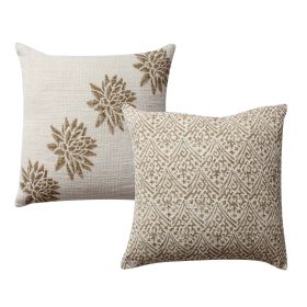 18 x 18 Square Cotton Accent Throw Pillow, Floral and Block Print Patterns, Set of 2, Gold, Off White